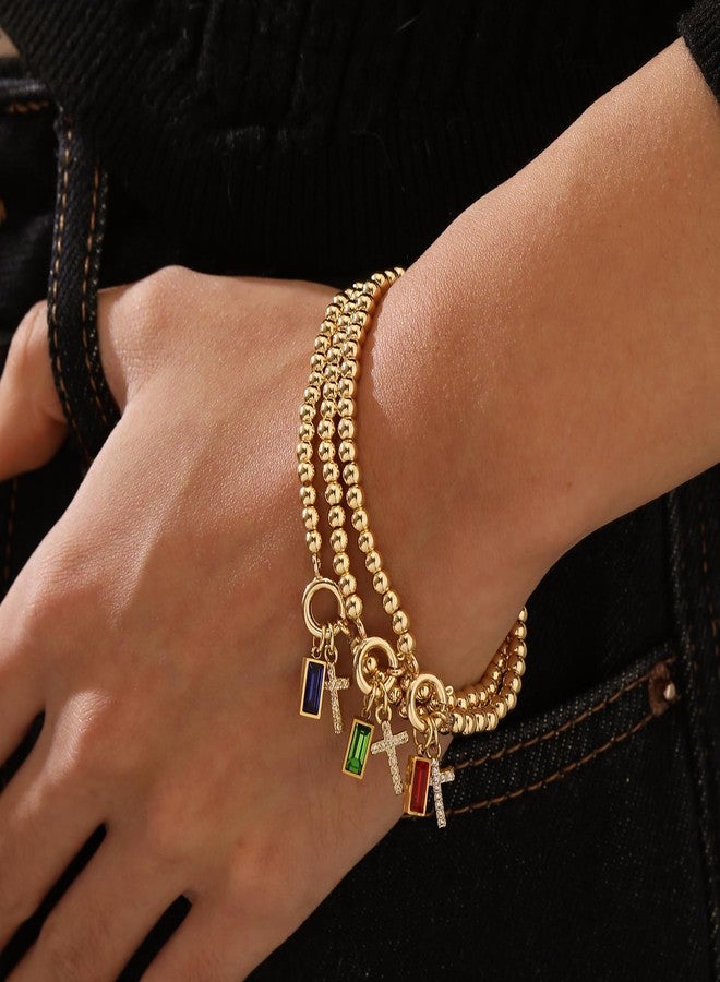 Korotho 14K Gold Plated July Birthstone Bracelet for Women Teens, Dainty July Ruby Red Birthstone Bead Bracelet Stretch Gold Cross Beaded Bracelets Jewelry Christmas Birthday Gifts for Her (7) - Image 4